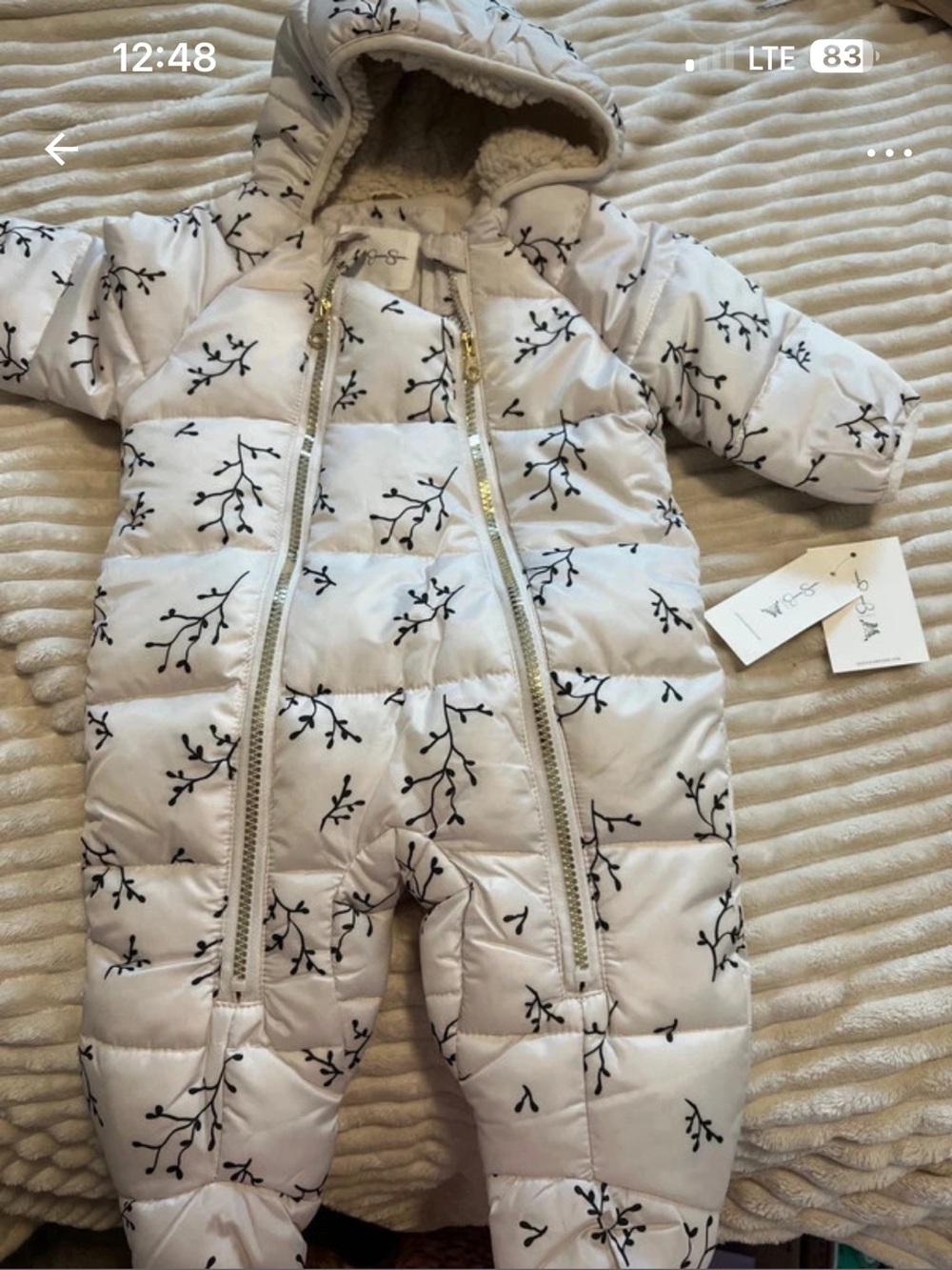 Jessica Simpson Cream Snowsuit Romper with Black Branch Print and Gold Zippers